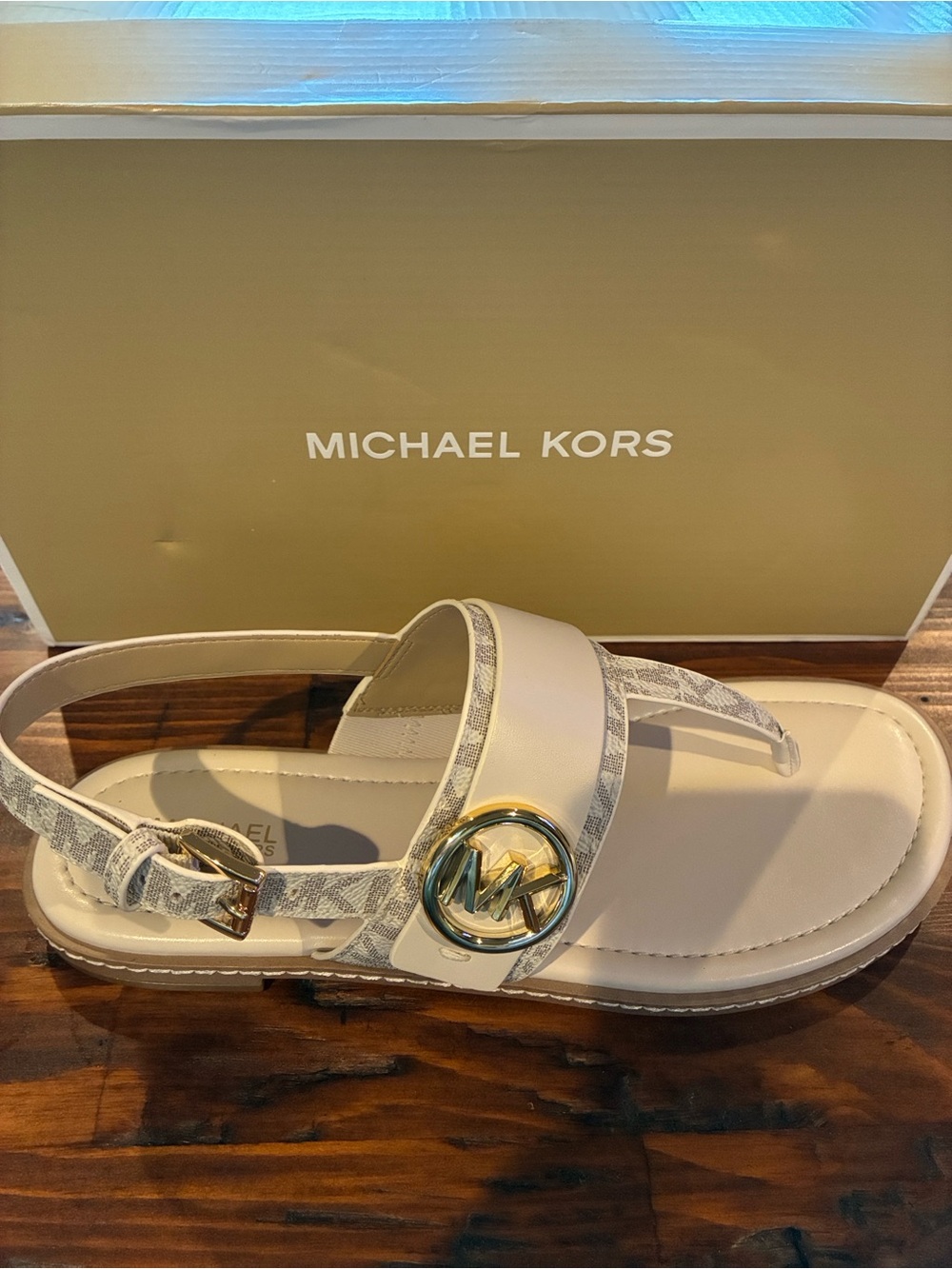 Michael Kors White Beige Logo Medallion Thong Sandals